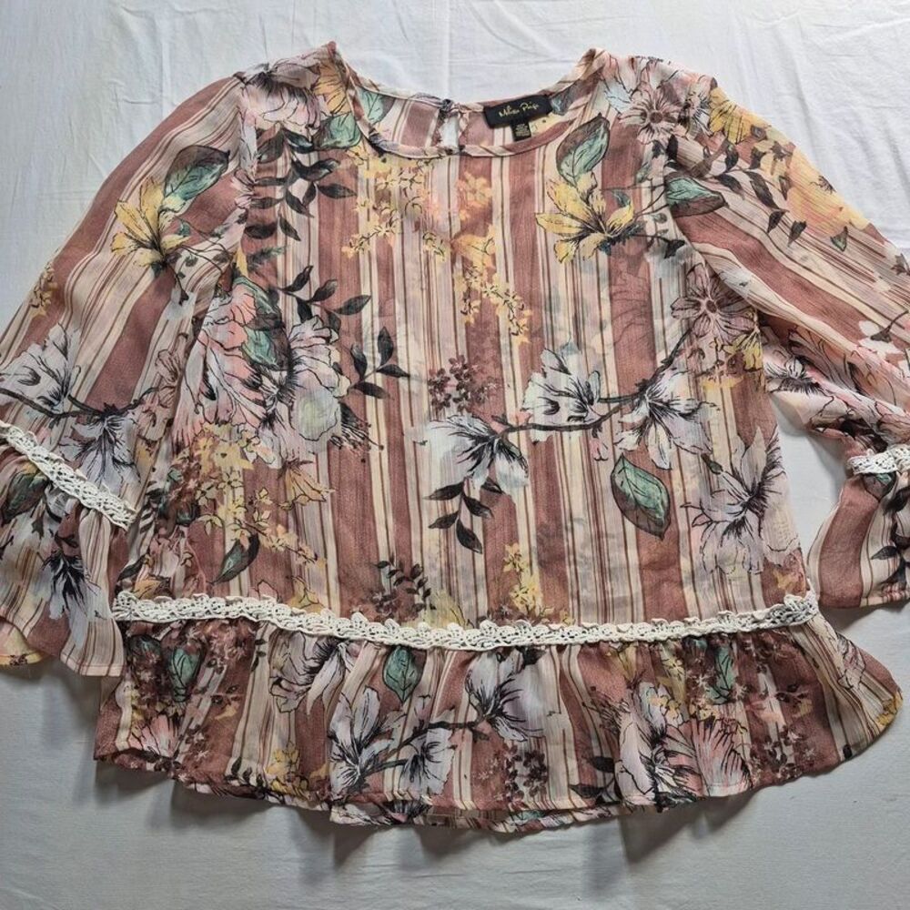 Melissa Paige Medium Boho Floral Chiffon Blouse Crochet Lace Trim Peplum Top